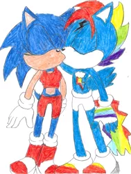 Size: 2198x2911 | Tagged: safe, artist:bluespeedsfan92, derpibooru import, rainbow dash, anthro, crossover, crossover shipping, female, image, interspecies, jpeg, kissing, male, rainbow blitz, request, rule 63, shipping, simple background, sonic the hedgehog, sonic the hedgehog (series), sonicdash, straight, style emulation, traditional art, white background