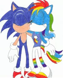 Size: 2370x2930 | Tagged: anthro, artist:bluespeedsfan92, crossover, crossover shipping, derpibooru import, female, interspecies, kissing, love, male, plantigrade anthro, rainbow dash, safe, shipping, sonicdash, sonicified, sonic the hedgehog, sonic the hedgehog (series), straight, style emulation, traditional art