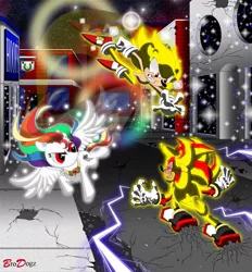 Size: 835x898 | Tagged: a new dawn, artist:brodogz, city, commission, crossover, derpibooru import, fanfic art, fight, rainbow dash, safe, shadow the hedgehog, sonic the comic, sonic the hedgehog, sonic the hedgehog (series), super rainbow dash, super shadow, super sonic