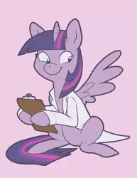 Size: 1487x1925 | Tagged: safe, artist:pixel-prism, derpibooru import, twilight sparkle, twilight sparkle (alicorn), alicorn, pony, clipboard, clothes, everyone is an alicorn, female, lab coat, mare, simple background, solo