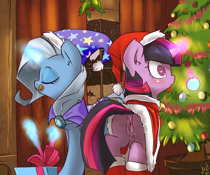 Size: 1200x1000 | Tagged: explicit, artist:atryl, derpibooru import, edit, trixie, twilight sparkle, pony, unicorn, anus, blushing, christmas, christmas tree, clothes, cunnilingus, eyes closed, female, glowing horn, holly, holly mistaken for mistletoe, implied cunnilingus, implied oral, implied sex, lesbian, magic, mare, nudity, plot, porn for christmas, present, santa costume, shipping, surprise sex, surprised, tongue out, tree, twixie, vagina, vaginal secretions, vulva