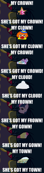 Size: 500x1968 | Tagged: safe, derpibooru import, sunset shimmer, twilight sparkle, pony, equestria girls, big crown thingy, cloud, cloudy, clown, element of magic, homonyms, rhyme