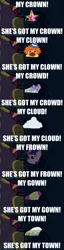 Size: 500x1968 | Tagged: safe, derpibooru import, sunset shimmer, twilight sparkle, pony, equestria girls, big crown thingy, cloud, cloudy, clown, element of magic, homonyms, rhyme
