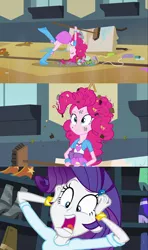 Size: 500x843 | Tagged: safe, derpibooru import, pinkie pie, rarity, equestria girls, balloon, boots, bracelet, clothes, high heel boots, jewelry, messy hair, skirt
