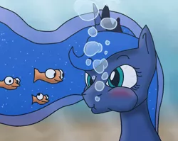 Size: 1095x873 | Tagged: artist:jakethespy, bubble, colors:crowley, derpibooru import, fish, princess luna, puffy cheeks, safe, solo, underwater