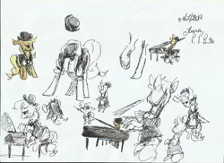 Size: 2338x1700 | Tagged: 20s, applejack, artist:394vikingpinkiepie, clothes, derpibooru import, fashion, musical instrument, piano, safe, sketch dump, solo, traditional art