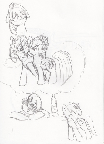 Size: 2264x3136 | Tagged: artist:enigmaticfrustration, berry punch, berryshine, cheerilee, cheerilight, derpibooru import, drunk, female, imagination, lesbian, ruby pinch, safe, shipping, sketch dump, traditional art, twilight sparkle