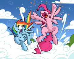 Size: 1500x1197 | Tagged: artist:reiduran, cloud, cloudy, confetti, derpibooru import, disguise, pegasus pinkie pie, pinkie pie, prank, race swap, rainbow dash, recolor, safe, surprise, surprised, wings