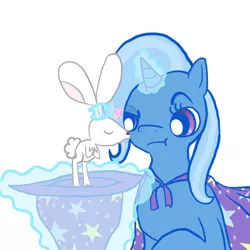 Size: 1300x1300 | Tagged: artist needed, bunny out of the hat, derpibooru import, glowing horn, hat, heart, kissing, magic, magic trick, rabbit, safe, simple background, :t, telekinesis, trixie, trixie's cape, trixie's hat, white background