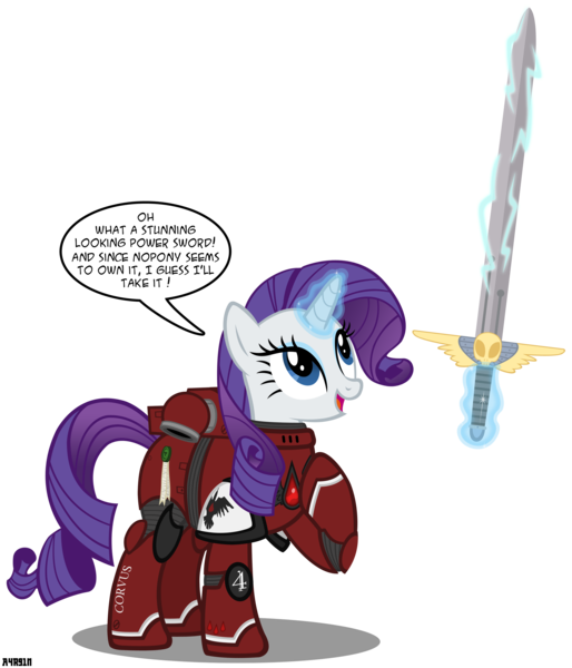 Size: 2400x2800 | Tagged: safe, artist:a4r91n, derpibooru import, rarity, pony, unicorn, blood ravens, bloody magpies, crossover, female, magic, magic aura, mare, power armor, power sword, powered exoskeleton, psyker, purity seal, simple background, solo, space marine, speech bubble, sword, telekinesis, transparent background, vector, warhammer (game), warhammer 40k