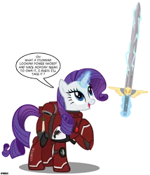 Size: 2400x2800 | Tagged: safe, artist:a4r91n, derpibooru import, rarity, pony, unicorn, blood ravens, bloody magpies, crossover, female, magic, magic aura, mare, power armor, power sword, powered exoskeleton, psyker, purity seal, simple background, solo, space marine, speech bubble, sword, telekinesis, transparent background, vector, warhammer (game), warhammer 40k