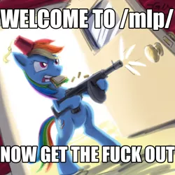 Size: 960x960 | Tagged: 4chan, derpibooru import, fez, gtfo, hat, image macro, /mlp/, rainbow dash, safe, sandwich, tommy gun, vulgar