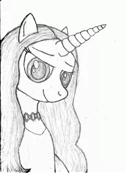 Size: 2550x3507 | Tagged: safe, artist:paskanaakka, derpibooru import, oc, unofficial characters only, pony, unicorn, bust, female, grayscale, mare, monochrome, solo, traditional art