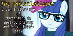 Size: 738x360 | Tagged: safe, derpibooru import, rarity, ponified, human, pony, unicorn, beatnik rarity, beret, clothes, edward snowden, female, glasses, hat, irl, irl human, lidded eyes, mare, photo, politics, ponies in real life, solo focus, sweater, text