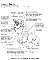 Size: 1024x1234 | Tagged: safe, artist:dynamocha, derpibooru import, sweetie belle, pony, robot, robot pony, unicorn, black and white, blank flank, female, filly, foal, grayscale, hooves, horn, monochrome, schematics, solo, sweetie bot, text