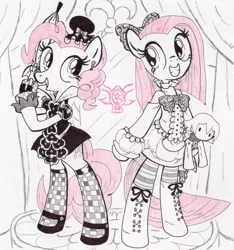 Size: 2295x2453 | Tagged: safe, artist:lumdrop, derpibooru import, pinkie pie, pony, bipedal, clothes, cute, cuteamena, diapinkes, duality, fashion, pinkamena diane pie, traditional art