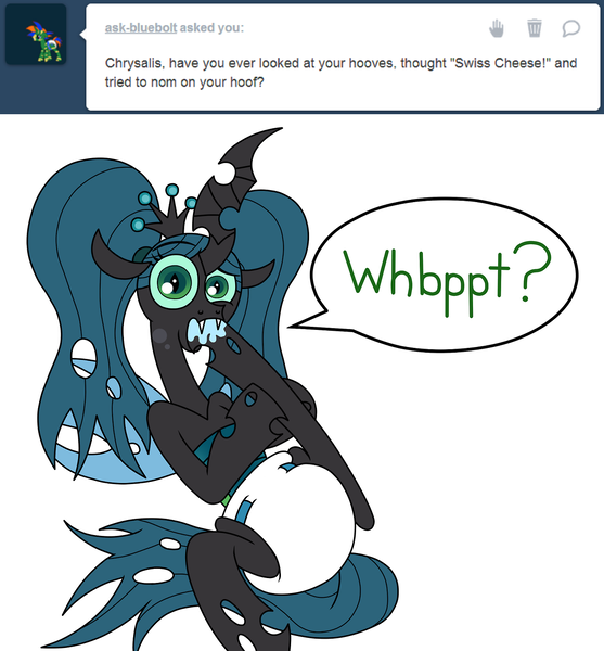 Size: 1280x1380 | Tagged: artist:jay muniz, ask crinkle bottom chrysalis, diaper, diaper fetish, drool, pigtails, poofy diaper, queen chrysalis, questionable, solo