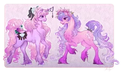 Size: 2000x1200 | Tagged: artist:cigarscigarettes, bow, chest fluff, derpibooru import, floral head wreath, flower, oc, oc:galactica, oc:preciosa, ribbon, safe, unofficial characters only, unshorn fetlocks