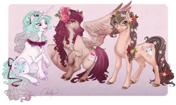 Size: 2000x1200 | Tagged: safe, artist:cigarscigarettes, derpibooru import, oc, oc:bombette, oc:powder, oc:yours truly, unofficial characters only, bow, floral head wreath, flower, ribbon