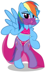 Size: 1092x1732 | Tagged: suggestive, artist:mlp-scribbles, derpibooru import, rainbow dash, pegasus, pony, belly dancer, bipedal, clothes, female, hooves, lidded eyes, mare, midriff, panties, rainbow dash always dresses in style, see-through, show accurate, simple background, smiling, solo, spread wings, teeth, thong, transparent background, underwear, vector, veil, wings