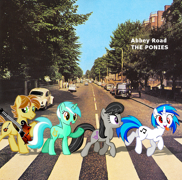Size: 640x636 | Tagged: safe, artist:darkkon13, derpibooru import, lyra heartstrings, octavia melody, vinyl scratch, oc, oc:mandopony, earth pony, pony, unicorn, abbey road, car, cutie mark, derp, female, guitar, hooves, horn, irl, male, mare, open mouth, parody, photo, ponies in real life, smiling, stallion, street, teeth, tongue out, vector