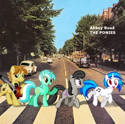 Size: 640x636 | Tagged: safe, artist:darkkon13, derpibooru import, lyra heartstrings, octavia melody, vinyl scratch, oc, oc:mandopony, earth pony, pony, unicorn, abbey road, car, cutie mark, derp, female, guitar, hooves, horn, irl, male, mare, open mouth, parody, photo, ponies in real life, smiling, stallion, street, teeth, tongue out, vector