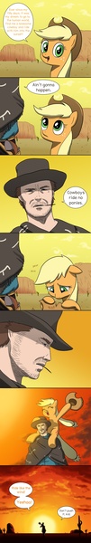 Size: 1664x9898 | Tagged: safe, artist:doublewbrothers, derpibooru import, applejack, earth pony, human, pony, clint eastwood, clothes, comic, cowboy, crossover, crying, cute, daaaaaaaaaaaw, dialogue, duo, eyes closed, female, floppy ears, frown, hat, hoof hold, jackabetes, looking at you, looking up, male, open mouth, piggyback ride, ponies riding humans, riding, sad, smiling, the good the bad and the ugly, the man with no name