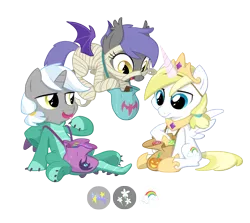 Size: 2800x2500 | Tagged: safe, artist:equestria-prevails, derpibooru import, princess celestia, oc, oc:aster, oc:cloud skipper, oc:midnight blossom, unofficial characters only, bat pony, dragon, pony, candy, clothes, cloudblossom, colt, costume, filly, male, mummy, nightmare night, royal guard, simple background, transparent background