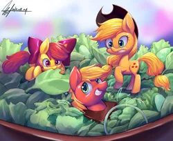 Size: 3384x2767 | Tagged: dead source, safe, artist:jggjqm522, derpibooru import, apple bloom, applejack, big macintosh, earth pony, pony, apple siblings, bow, cowboy hat, female, filly, hair bow, hat, male, mare, micro, nom, salad, stallion