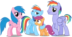 Size: 3049x1585 | Tagged: safe, artist:vector-brony, derpibooru import, firefly, rainbow blaze, rainbow dash, scootaloo, pegasus, pony, adopted offspring, family, female, filly, fireblaze, firefly as rainbow dash's mom, foal, g1, g1 to g4, g4, generation leap, male, mare, parent:firefly, parent:rainbow blaze, parents:fireblaze, rainbow dash's parents, scootalove, simple background, stallion, transparent background, vector