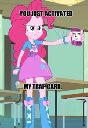 Size: 469x681 | Tagged: safe, derpibooru import, edit, pinkie pie, equestria girls, angry, balloon, boots, bracelet, chair, clothes, door, high heel boots, iphone, jewelry, meme, skirt, trap card, yaranaika, yu-gi-oh!