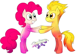 Size: 800x568 | Tagged: safe, artist:idontkn0ow, derpibooru import, lyra heartstrings, pinkie pie, spitfire, pony, bipedal, female, lesbian, looking at each other, lying down, mare, shipping, simple background, smiling, spitpie, tongue out, transparent background, underhoof