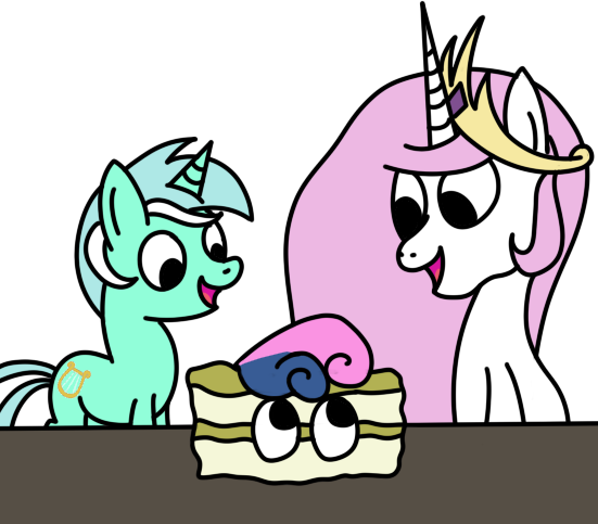 Size: 551x483 | Tagged: artist:idontkn0ow, bon bon, cake, cakelestia, dead source, derpibooru import, i have no mouth and i must scream, imminent vore, inanimate tf, lyra heartstrings, princess celestia, safe, sweetie drops, this will end in tears, transformation, wat