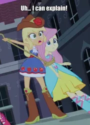 Size: 562x781 | Tagged: safe, derpibooru import, edit, edited screencap, screencap, applejack, fluttershy, equestria girls, appleshy, bare shoulders, bondage, caption, female, implied shipping, lesbian, out of context, rope, shipping, sleeveless, strapless, text edit, tied up, uhh i can explain