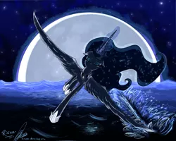 Size: 2500x2000 | Tagged: artist:rinikka, derpibooru import, flying, magic, moon, moon work, ocean, princess luna, safe, skimming, solo, splash, water, working