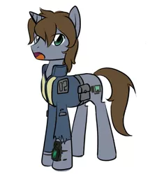 Size: 647x719 | Tagged: safe, artist:inlucidreverie, derpibooru import, oc, oc:littlepip, unofficial characters only, pony, unicorn, fallout equestria, fanfic, clothes, cutie mark, fanfic art, hooves, horn, male, open mouth, pipbuck, rule 63, simple background, solo, stallion, vault suit, white background