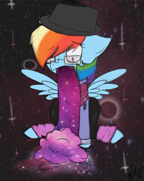 Size: 800x1000 | Tagged: artist:8-blit-poni, clothes, derpibooru import, fashion, glasses, hipster, rainbow dash, safe, solo, the cosmos, vomit