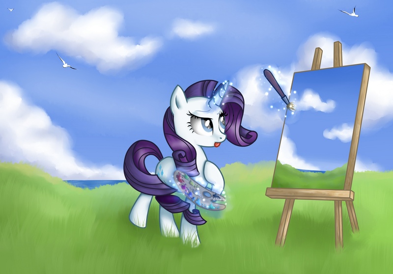 Size: 3000x2093 | Tagged: dead source, safe, artist:vird-gi, derpibooru import, rarity, bird, pony, seagull, unicorn, easel, magic, paintbrush, painting, palette, plein air, solo, tongue out