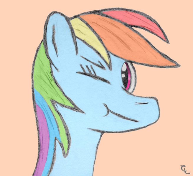 Size: 1287x1179 | Tagged: safe, artist:codaulux, derpibooru import, rainbow dash, colored, solo, wink