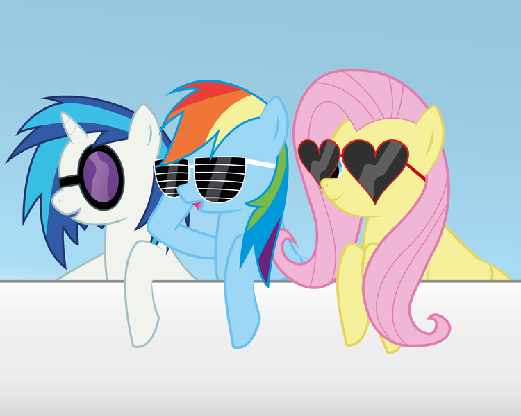 Size: 8333x6667 | Tagged: safe, artist:romansiii, derpibooru import, fluttershy, rainbow dash, vinyl scratch, pegasus, pony, unicorn, absurd resolution, female, hooves, horn, mare, open mouth, smiling, sunglasses, trio, vector, wings