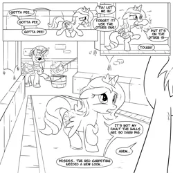 Size: 1200x1200 | Tagged: safe, derpibooru import, princess celestia, princess luna, oc, oc:fausticorn, alicorn, pony, unicorn, bathroom denial, comic, desperation, filly, implied fausticorn, implied wetting, lauren faust, levitation, magic, monochrome, need to pee, omorashi, potty emergency, potty time, royal guard, telekinesis, woona