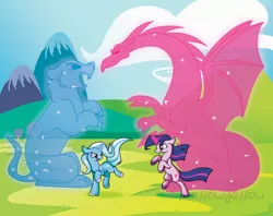 Size: 1800x1425 | Tagged: safe, artist:mellowyellowpony, artist:selective-yellow, derpibooru import, trixie, twilight sparkle, dragon, pony, unicorn, ursa minor, magic duel, cutie mark, duel, duo, female, field, fight, glowing horn, looking at each other, magic, mare, rearing, scenery, unicorn twilight