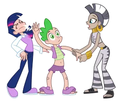 Size: 2000x1685 | Tagged: artist:trinityinyang, belly button, derpibooru import, human, humanized, human spike, midriff, safe, scene interpretation, secret of my excess, simple background, spike, transparent background, twilight sparkle, zecora