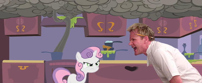 Size: 1280x525 | Tagged: safe, artist:jon pear, derpibooru import, edit, sweetie belle, human, pony, unicorn, angry, cooking, crossover, female, filly, food, gordon ramsay, hell's kitchen, irl, irl human, photo, pun in description, smoke, sweetie belle can't cook, sweetie belle is not amused, sweetie fail