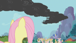Size: 500x281 | Tagged: animated, carrot, derpibooru import, dragonshy, flutterbuse, fluttershy, offscreen character, ponyville, safe, screencap, smoke, solo, throwing things at fluttershy