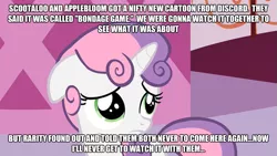 Size: 623x351 | Tagged: bondage game, caption, derpibooru import, edit, edited screencap, image macro, implied porn, naive sweetie belle, naivete of youth, sad, screencap, solo, suggestive, sweetie belle, the implications are horrible