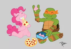 Size: 900x619 | Tagged: artist:ysquare, crossover, cupcake, derpibooru import, food, incorrect leg anatomy, meat, michelangelo, pepperoni, pepperoni pizza, pinkey, pinkie pie, pizza, safe, teenage mutant ninja turtles, tmnt 2012