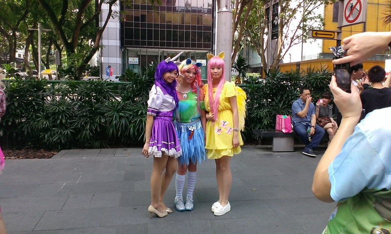 Size: 2592x1552 | Tagged: safe, artist:rontoday2012, derpibooru import, fluttershy, rainbow dash, rarity, human, cosplay, hasbro, irl, irl human, photo, singapore