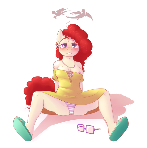 Size: 1400x1408 | Tagged: questionable, artist:cobaltsnow, derpibooru import, twist, anthro, bird, breasts, busty twist, clothes, dress, explicit source, female, glasses, image, nipples, nipple slip, nudity, older, panties, png, skirt, solo, solo female, spread legs, underwear, upskirt