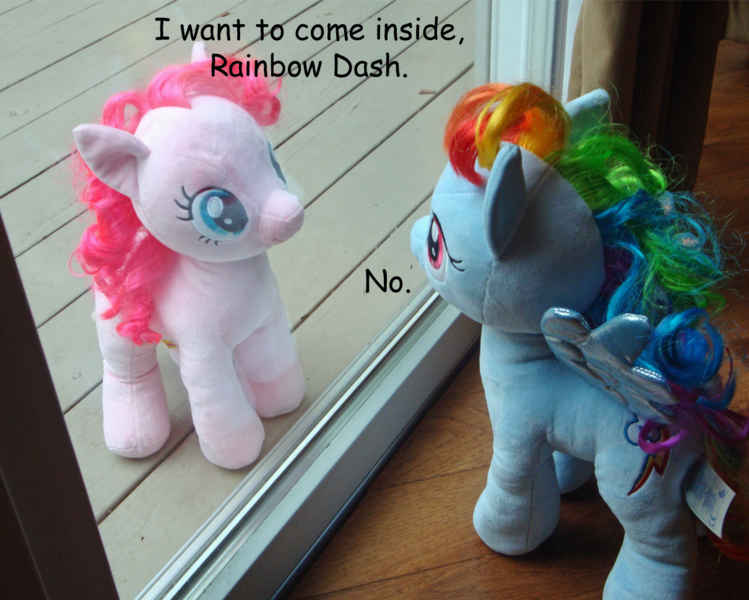 Size: 1210x969 | Tagged: artifact, artist:pika-robo, build-a-bear, comic sans, deck, derpibooru import, exploitable meme, house, in-joke, irl, iwtcird, joke, meme, meta, outdoors, photo, pinkie pie, plushie, pun, rainbow dash, safe, text, window